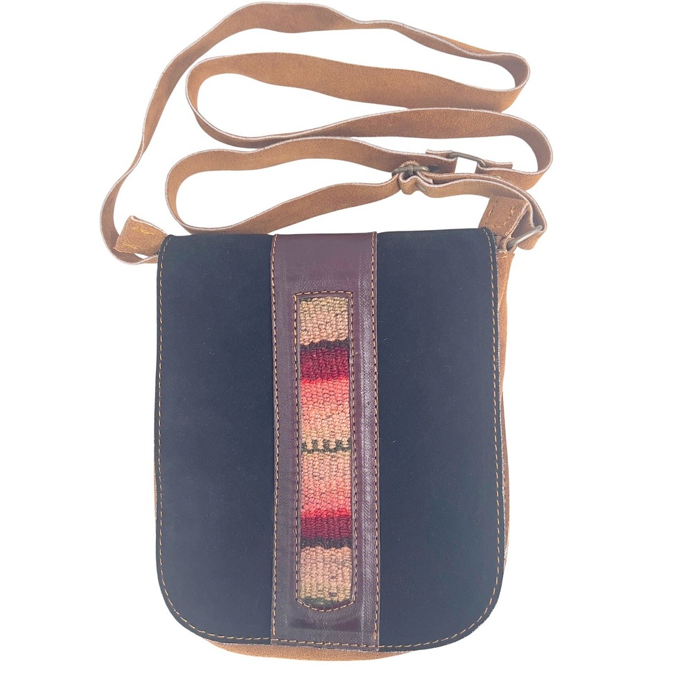Vintage 1970s Artisan Crossbody Bag Black Suede Kilim Woven Textile Inlay Boho